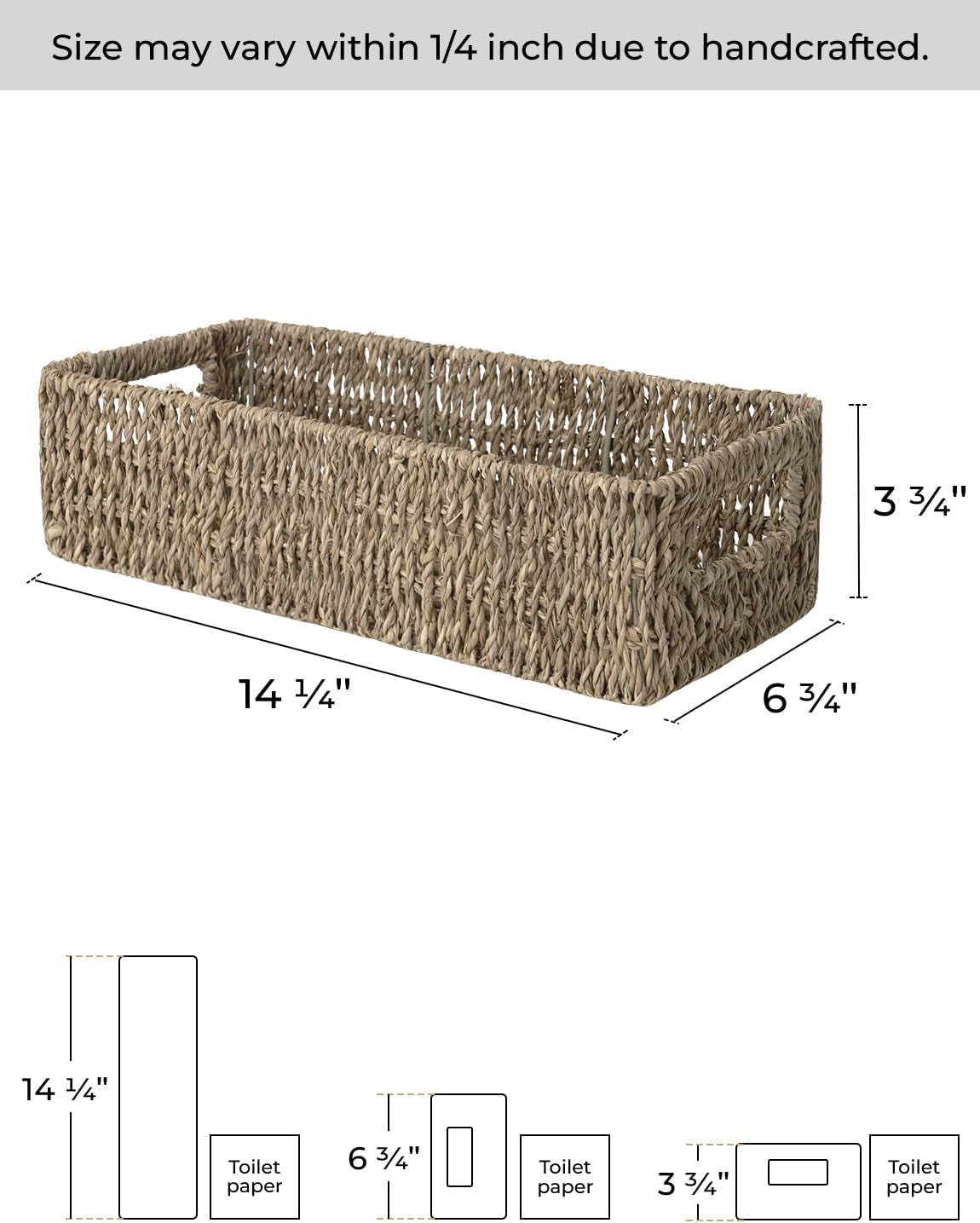 Wicker Seagrass Baskets, Toilet Basket Tank Topper | Small Toilet Tank Basket with Built-In Handles, Bathroom Basket Organizer and Storage for Bathroom Decor