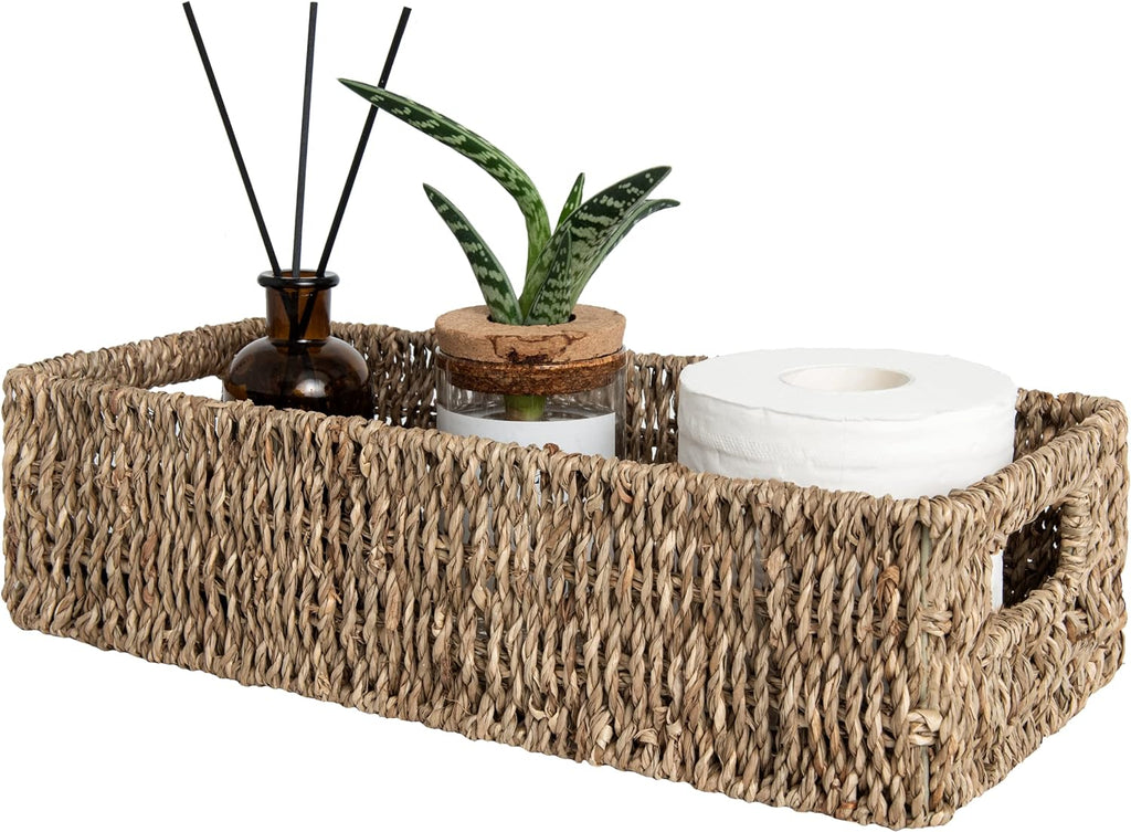 Wicker Seagrass Baskets, Toilet Basket Tank Topper | Small Toilet Tank Basket with Built-In Handles, Bathroom Basket Organizer and Storage for Bathroom Decor